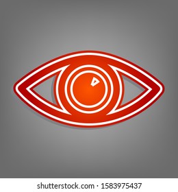 Eye sign illustration. Flat red icon with linear white icon with gray shadow at grayish background. Illustration.