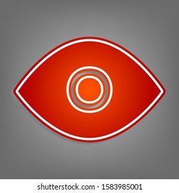 Eye sign illustration. Flat red icon with linear white icon with gray shadow at grayish background. Illustration.