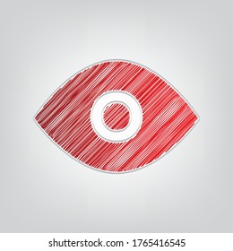 Eye sign illustration. Red gradient scribble Icon with artistic contour gray String on light gray Background. Illustration.