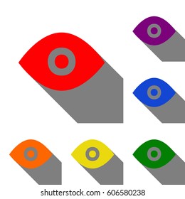 Eye sign illustration. Set of red, orange, yellow, green, blue and violet icons at white background with flat shadow.