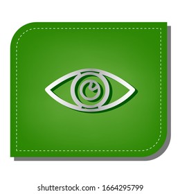Ilustración del signo ocular. Icono de línea de gradiente plateado con sombra verde oscuro en hoja verde con parches ecológicos. Ilustración.