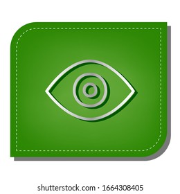 Augensignatur. Silber Farbverlauf-Symbol mit dunkelgrünem Schatten auf ökologisch gepflastertem grünem Blatt. Illustration.