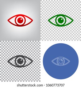 Eye sign illustration. Vector. 4 styles. Red gradient in radial lighted background, green flat and gray scribble icons on transparent and linear one in blue circle.