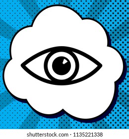 Eye sign illustration. Vector. Black icon in bubble on blue pop-art background with rays.