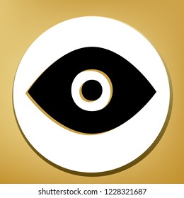Eye sign illustration. Vector. Black icon with light brown shadow in white circle with shaped ring at golden background.
