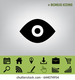 Eye sign illustration. Vector. Black icon at gray background with bonus icons at celery ones