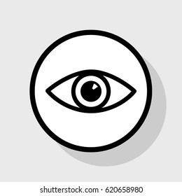 Eye sign illustration. Vector. Flat black icon in white circle with shadow at gray background.