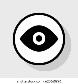 Eye sign illustration. Vector. Flat black icon in white circle with shadow at gray background.