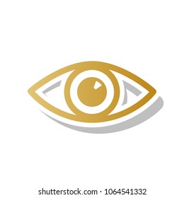 Eye sign illustration. Vector. Golden gradient icon with white contour and rotated gray shadow at white background.