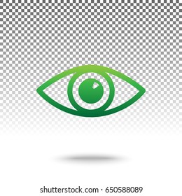 Eye sign illustration. Vector. Green gradient icon with shadow at bottom on transparent and white background.