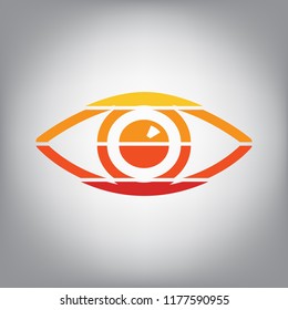 Eye sign illustration. Vector. Horizontally sliced icon with colors from sunny gradient in gray background.