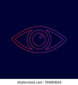 Eye sign illustration. Vector. Line icon with gradient from red to violet colors on dark blue background.