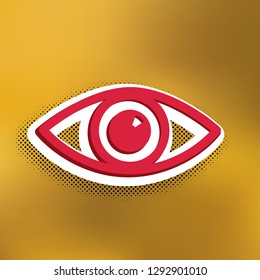 Eye sign illustration. Vector. Magenta icon with darker shadow, white sticker and black popart shadow on golden background.