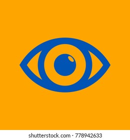 Eye sign illustration. Vector. Medium teal blue icon on orange background.