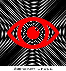 Eye sign illustration. Vector. Red icon on white and black radial interference as background.