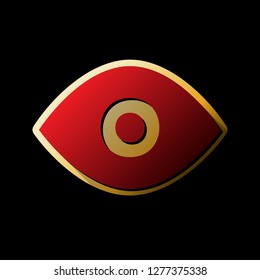 Eye sign illustration. Vector. Red icon with small black and limitless shadows at golden sticker on black background.