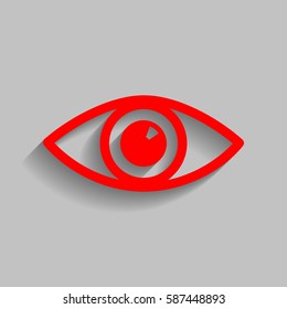 Eye sign illustration. Vector. Red icon with soft shadow on gray background.