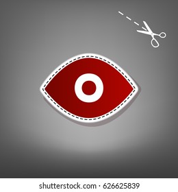 Eye sign illustration. Vector. Red icon with for applique from paper with shadow on gray background with scissors.