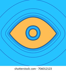 Eye sign illustration. Vector. Sand color icon with black contour and equidistant blue contours like field at sky blue background. Like waves on map - island in ocean or sea.