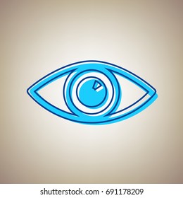 Eye sign illustration. Vector. Sky blue icon with defected blue contour on beige background.