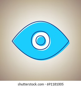 Eye sign illustration. Vector. Sky blue icon with defected blue contour on beige background.