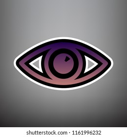 Eye sign illustration. Vector. Violet gradient icon with black and white linear edges at gray background.
