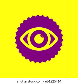 Eye sign illustration. Vector. Violet label with hole as icon on yellow background.