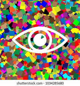 Eye sign illustration. Vector. White icon on colorful background with seamless pattern from squares.