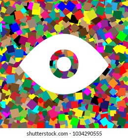 Eye sign illustration. Vector. White icon on colorful background with seamless pattern from squares.