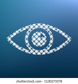 Eye sign illustration. Vector. White textured icon at lapis lazuli gradient background.