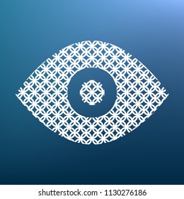 Eye sign illustration. Vector. White textured icon at lapis lazuli gradient background.