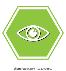 Eye sign illustration. Vector. White icon with black shadow at yellow green honeycomb on white background.