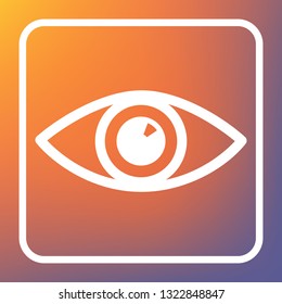 Eye sign illustration. Vector. White icon on transparent button at orange-violet gradient background.