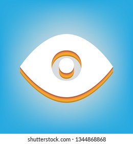 Eye sign illustration. Vector. White icon with 3d warm-colored gradient body at sky blue background.