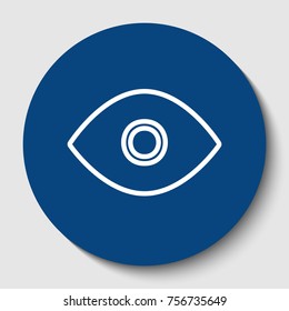 Eye sign illustration. Vector. White contour icon in dark cerulean circle at white background. Isolated.