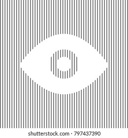 Eye sign illustration. Vector. White icon on grayish striped background. Optical illusion.