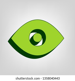 Eye sign illustration. Vector. Yellow green solid icon with dark green external body at light colored background.