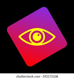 Eye sign illustration. Vector. Yellow icon at violet-red gradient square with rounded corners rotated for dynamics on black background.