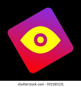 Eye sign illustration. Vector. Yellow icon at violet-red gradient square with rounded corners rotated for dynamics on black background.