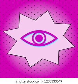 Eye sign. Purple icon pop-art background .Vector.