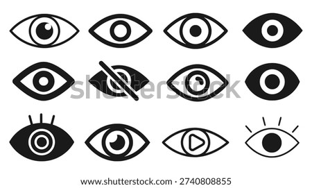 Eye silhouette icon set in vector style showing visibility, hidden, watch, and attention symbols for user interface, app, and web design templates. EPS Vector.
