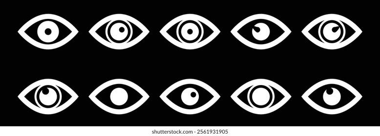 Eye simple icons set designed in filled, outline, line and stroke style. White eye icon set in black background.