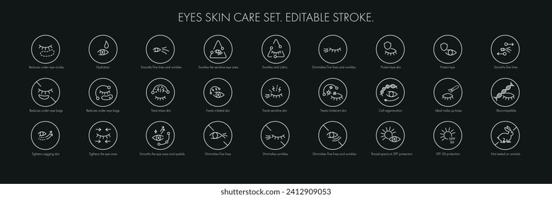 Eye skin care area icon pack set for patch, cream, mask cosmetic and beauty product, ophthalmology clinic, web, packaging. Vector stock illustration isolated on black background. Editable stroke.EPS10