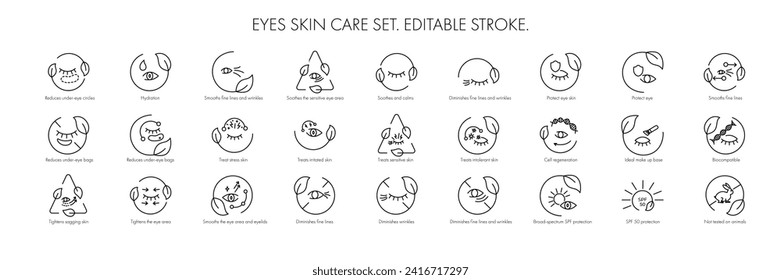 Eye skin care area icon pack set for patch, cream, mask cosmetic and beauty product, ophthalmology clinic, web, packaging. Vector stock illustration isolated on white background. Editable stroke.EPS10