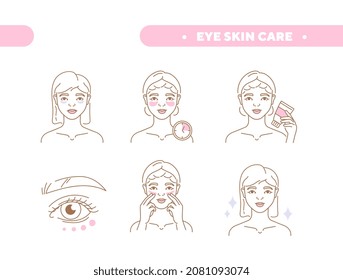 Eye Skin care concept. Cute girl gets rid of dark circles under her eyes with special cream. Daily beauty routine. Moisturizing and rejuvenation. Cartoon contemporary flat vector illustration