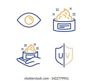 Eye, Skin care and Skin cream icons simple set. Uv protection sign. View or vision, Hand cream, Medical cosmetic. Ultraviolet. Medical set. Linear eye icon. Colorful design set. Vector