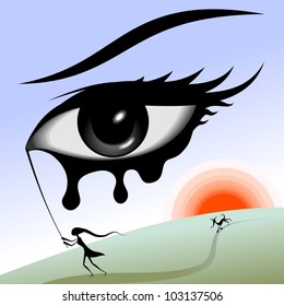 Eye in the sky. Surreal image. The girl runs with the eye-stick in his hands. After the girl runs a dog. Behind the dog the sun shines.