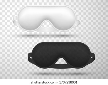 Eye sleeping masks, black and white realistic 3d template, mock up. Sleep accessories blocking light icons set. Blindfold eyeshades for dream, snooze, nap vector illustration isolated on transparent.