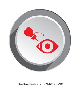 Eye with  small bottle, phial of drops icon. Medical optical vision symbol of health and medicine. 3d round button with shadow. Vector