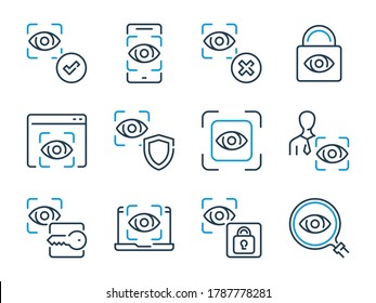 Eye Snan related vector line icon set. Eye Recognition and Authentication outline icons.